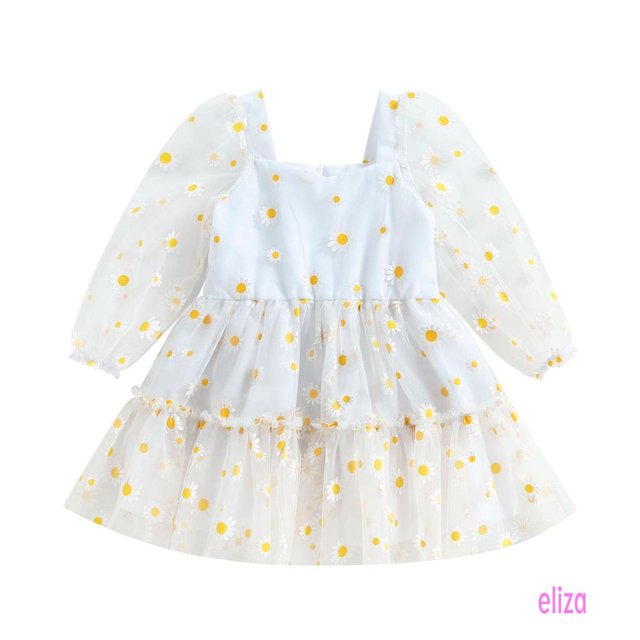Eliza-0-3Y Bebé Niña Girasoles Impresión Malla Manga Larga Vestido De Fiesta De Tul De Encaje