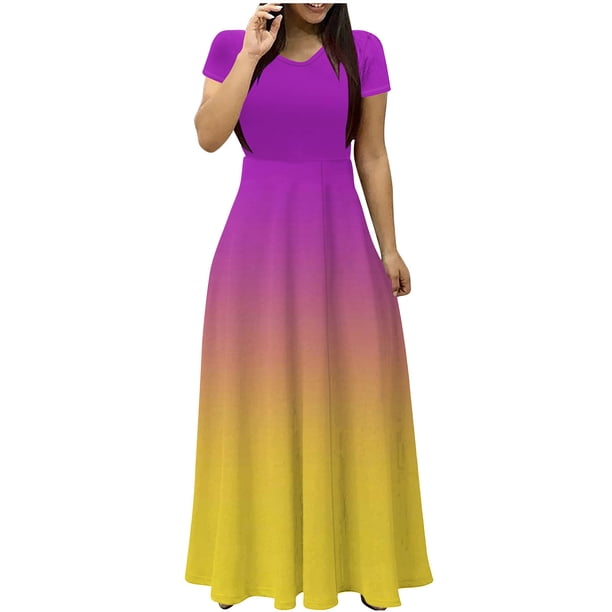 Vestido de Verano para las Mujeres Gradiente Impreso Cuello en V Manga Corta de la Longitud Del Tobillo Vestido, Vestido Corto de Verano