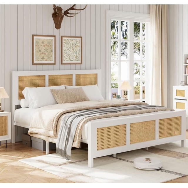 Queen-sized blanca rattan marco de cama con cabecero - boho cane cama de plataforma, strong metal slats, noise-free, no necesita colchón base