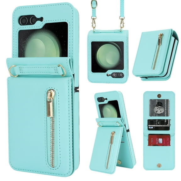 Decase for Samsung Galaxy Z Flip7 Luxury Zipper Wallet Phone Case, Multi-Function Kickstand Card Holder Adjustable Fashion Flip Cover Case with Crossbody Strap for Samsung Z Flip 7 5G 2025,Mint