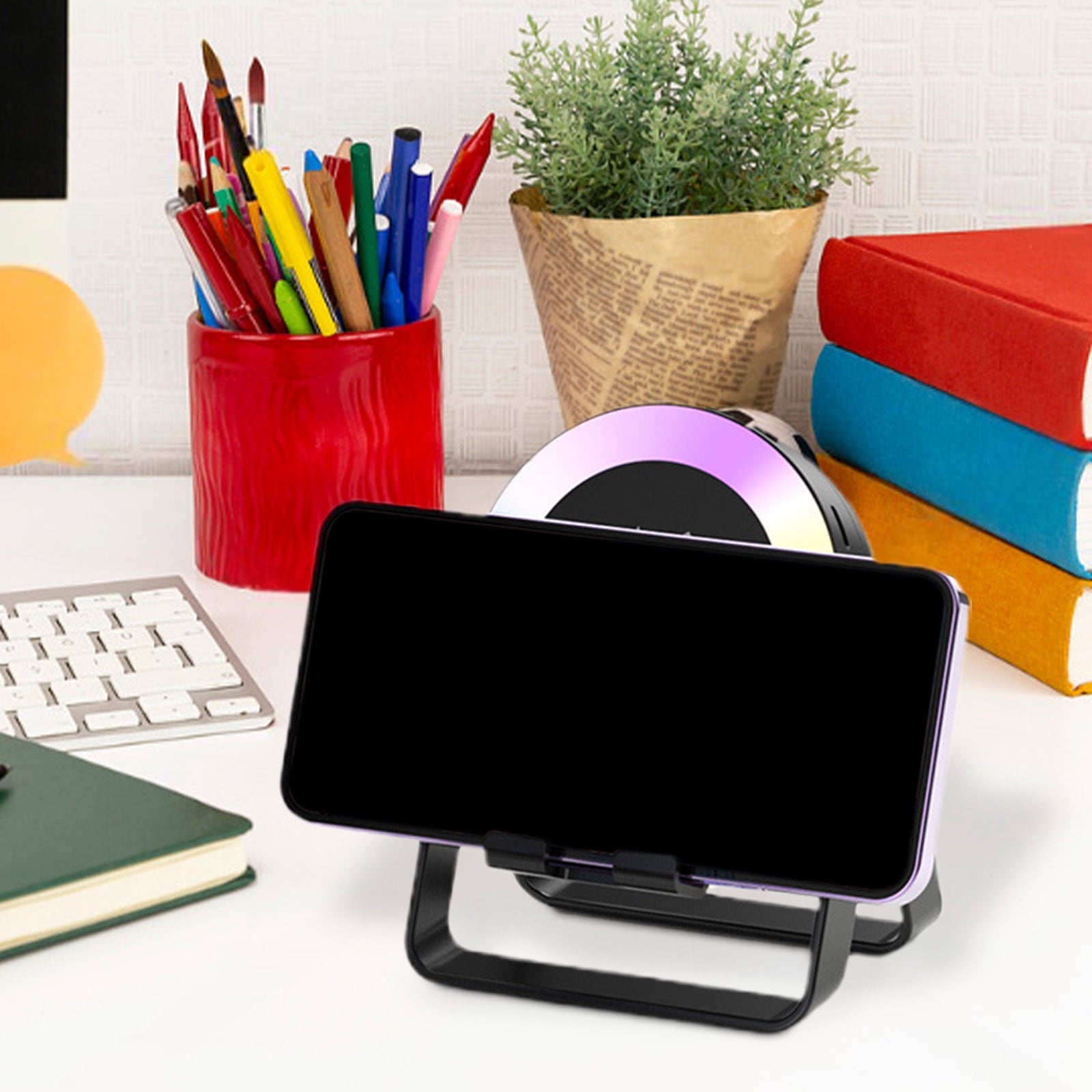 LACKUST Mini Bluetooth Speaker with Phone Stand, Color Changing LED Syncs with Music, Portable Bass Boost Speaker for Desktop/Outdoor - Black