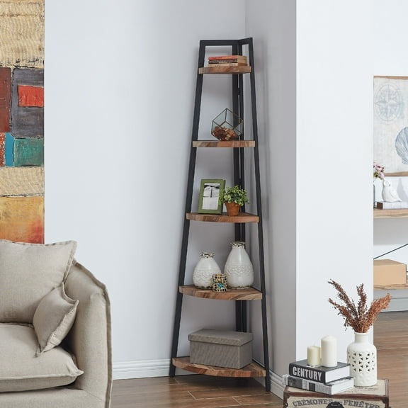 Danya B. Rustic Free-Standing 5-Tier Pyramid Industrial Corner Shelf in Distressed Wood Finish
