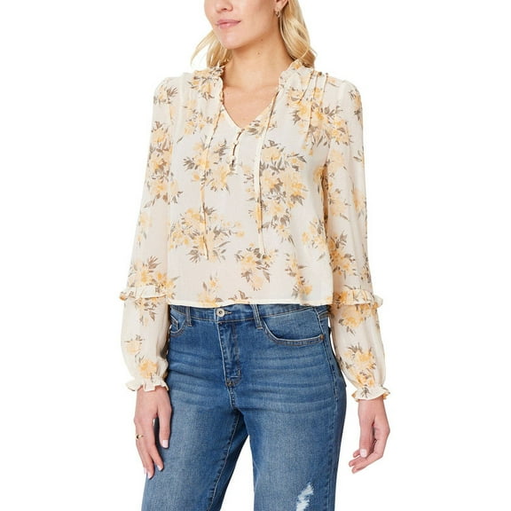 WallFlower Women's Elodie Long Sleeve V-Neck Chiffon Top (Available in Plus Sizes)