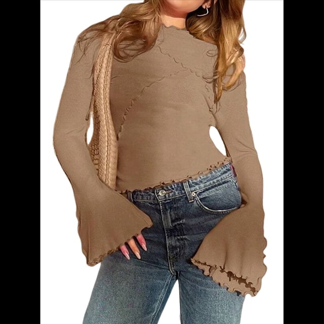 Camiseta de Larga Acampanada con Cuello Alto Y2K para Mujer, Camisa Ajustada con Ribete en Forma de Lechuga Caqui XL