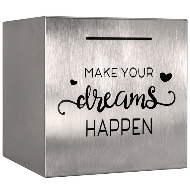 Piggy Bank HuaArt Make.Your.Dreams.Happen de acero inoxidable