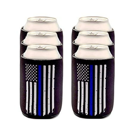 

Police Officer Gifts for Men - Thin Blue Line Beverage Can Cooler Sleeves - Law Enforcement Blue Lives Matter Insulated Beer Holder with Blue Stripe American Flag - Police Department Ideas 6-Pack