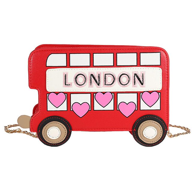 Pink Bolso bandolera pequeño de piel sintética para mujer, bonito bolso tipo mensajero con forma de autobús, bordado con letras de Londres, corazón