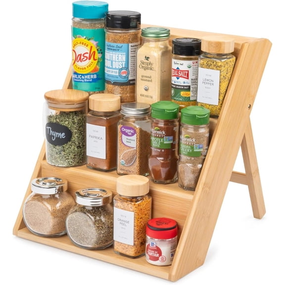 Bamboo Spice Rack Organizer for Kitchen Countertop (No Jars Included) – Sturdy 3-Tier Wooden Shelf, 11"D x 11.61"W x 14"H, Foldable Storage with Non-Slip Base