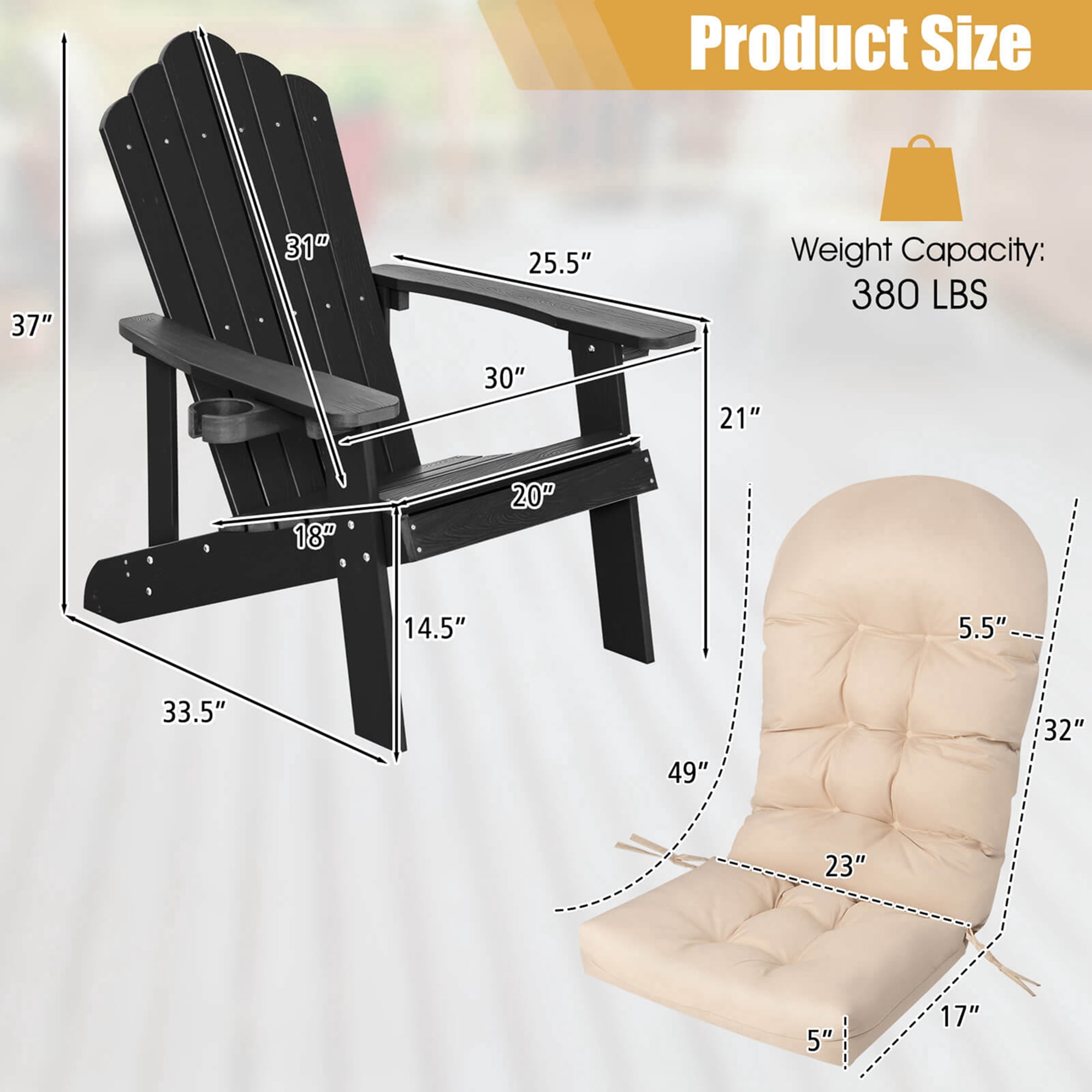 Costway Adirondack Chair HIPS Adirondack Chair with Cup Holder & Cushion Black