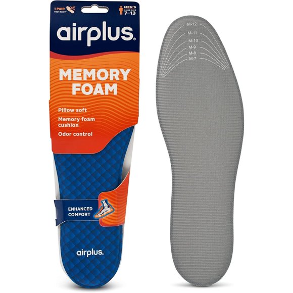 Airplus Memory Comfort Shoe Insoles with Memory Foam for Pressure Relief, Mens, Size 7-13