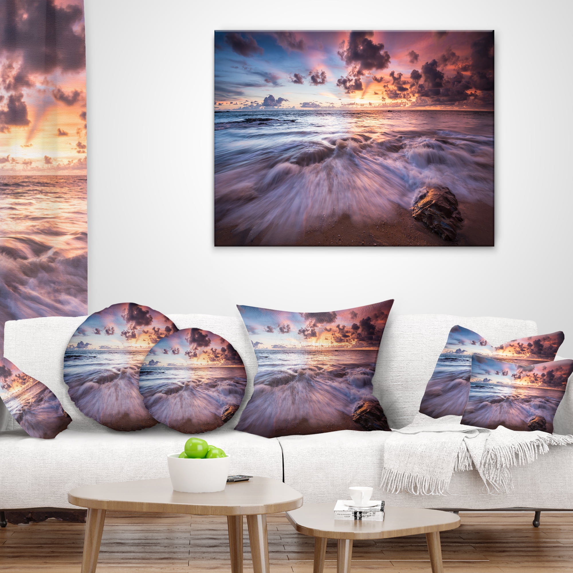 Designart Beautiful Sea Waves At Sunset - Beach Photo Throw Pillow - 12x20