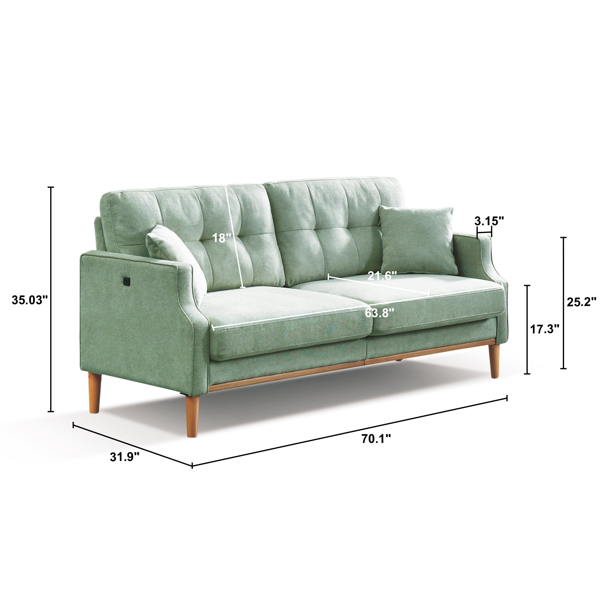 MAYEERTY 3-Seater Sofa Couch with USB Charging, Waterproof Upholstery and Dense Foam Support, Modern Blue Design