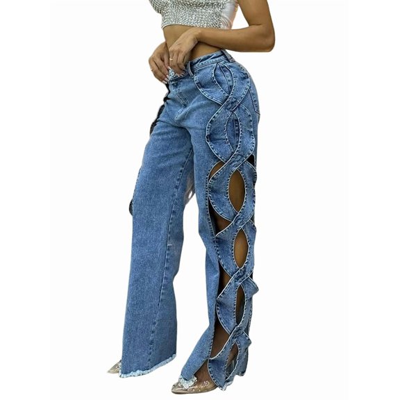 Women High Waisted Jeans Y2k Trendy Hollow Out Wide Straight Leg Cutout Baggy Jeans Blue M