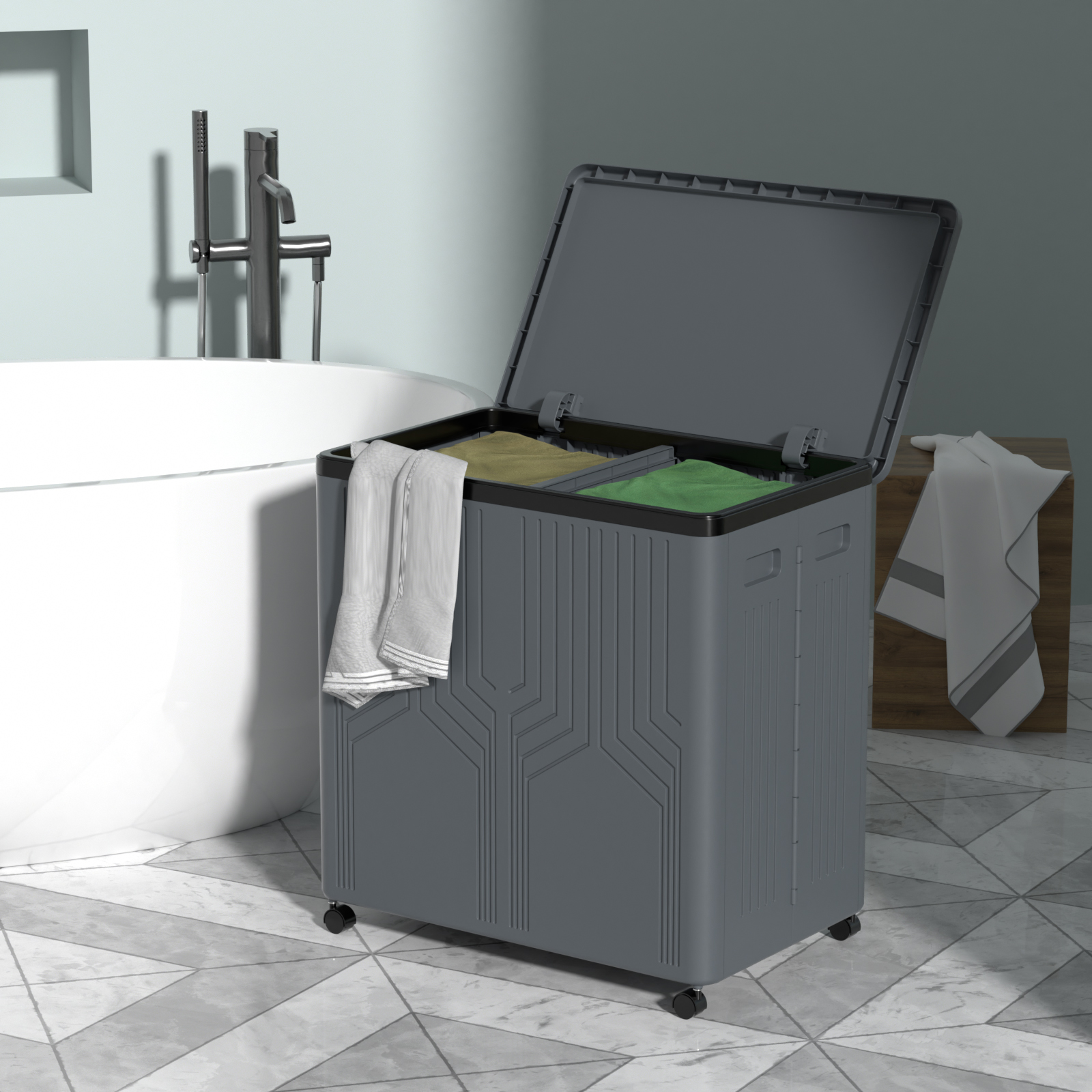 Doryh 120 L Double Plastic Laundry Hamper with Wheels, Collapsible 2 Section Laundry Hamper with Lid, Grey