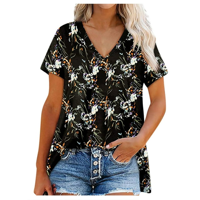 Hauts d'Été pour Femmes 2023 Mode Décontractée Col en V Imprimé Ample Manches Courtes T-Shirt Hauts