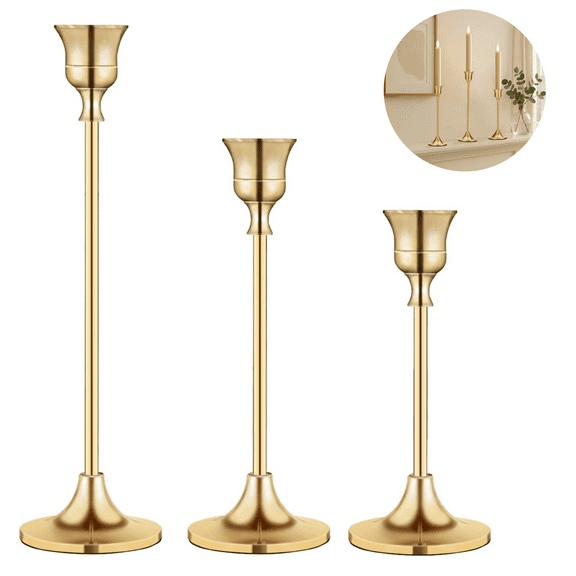 Manss Taper Candle Stick Holder, Brass Gold Candlestick Holders, Vintage Candle Sticks Holder Decor Used as Fireplace Mantel or Table Centerpieces for Wedding, Dinning, Party, Set of 3