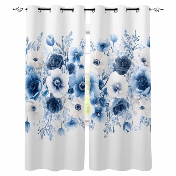 White Blue Flower Blackout Curtains 63 Inches Long, Vintage Pastoral Floral Petals Spring Thermal Insulated Black Out Curtains, Darkening Window Curtain for Bedroom Living Room 42"x63" 2 Panels