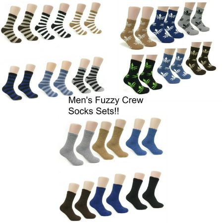 Fuzzy Alligator - Magg 6 or 12 Pairs of Mens Crew Ultra Soft Warm Fuzzy Solid, Striped or Marijuana Weed Leaf Printed Socks