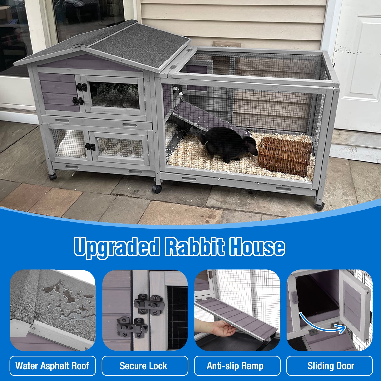 Suumerpety Rabbit Hutch on Wheels Indoor Rabbit Cage Outdoor Bunny Hutch with 3 Plastic Trays & Anti-Chew Ramp Metal Frame Guinea Pig Cage Gray