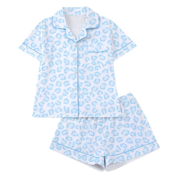 Trendfront Womens 2 Piece Leopard Cheetah Print Pajama Set Notch Collar Short Sleeve Button Front Top Elastic Waist Shorts Chest Pocket Relaxed Sleepwear