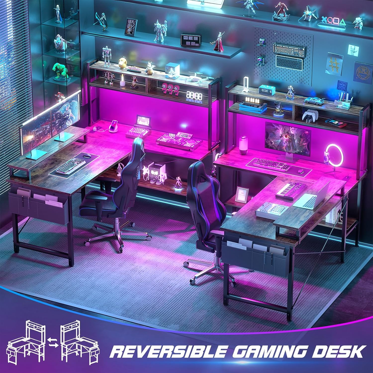 iSunirm Reversible L Shaped Gaming Desk with LED Lights & Power Outlets, 49'' Small L Shaped Computer Corner Desk with Monitor Stand and Storage Shelf, for Home & Office, Rustic Brown