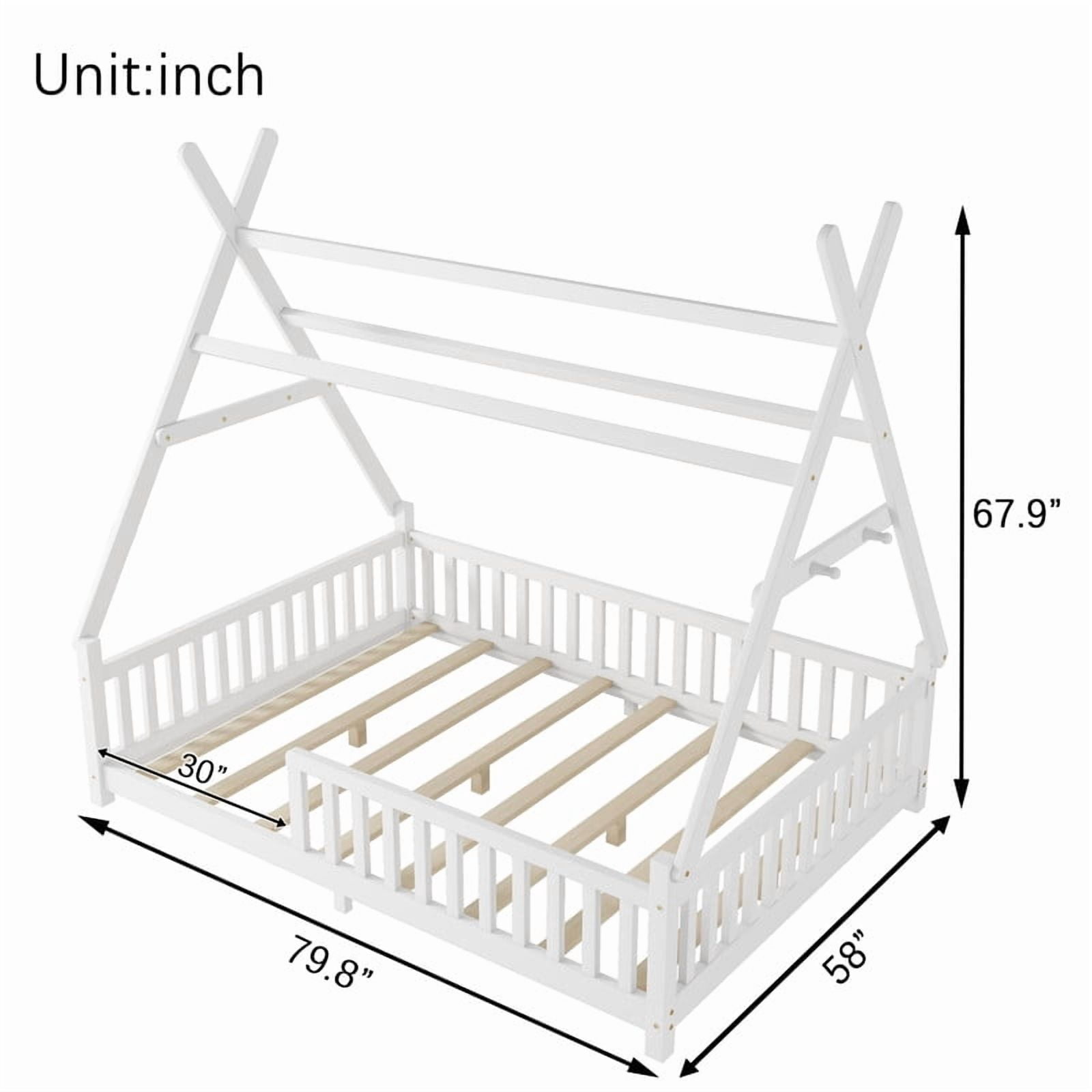 Mirightone Full Size Tent Beds with Hanging Rack, Teepee Floor Bed, Detachable Floor Bed with Slats and Fence Rails, Wood House Bedframe for Boys Girls, White