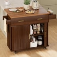thumbnail image 3 of Rolling Kitchen Island with Drop Leaf Countertop&Ample Storage - 39.4" Small Mobile Kitchen Cart On Wheels with Sliding Door,Drawers,Spice Rack & 2-Tier Storage (Walnut), 3 of 8