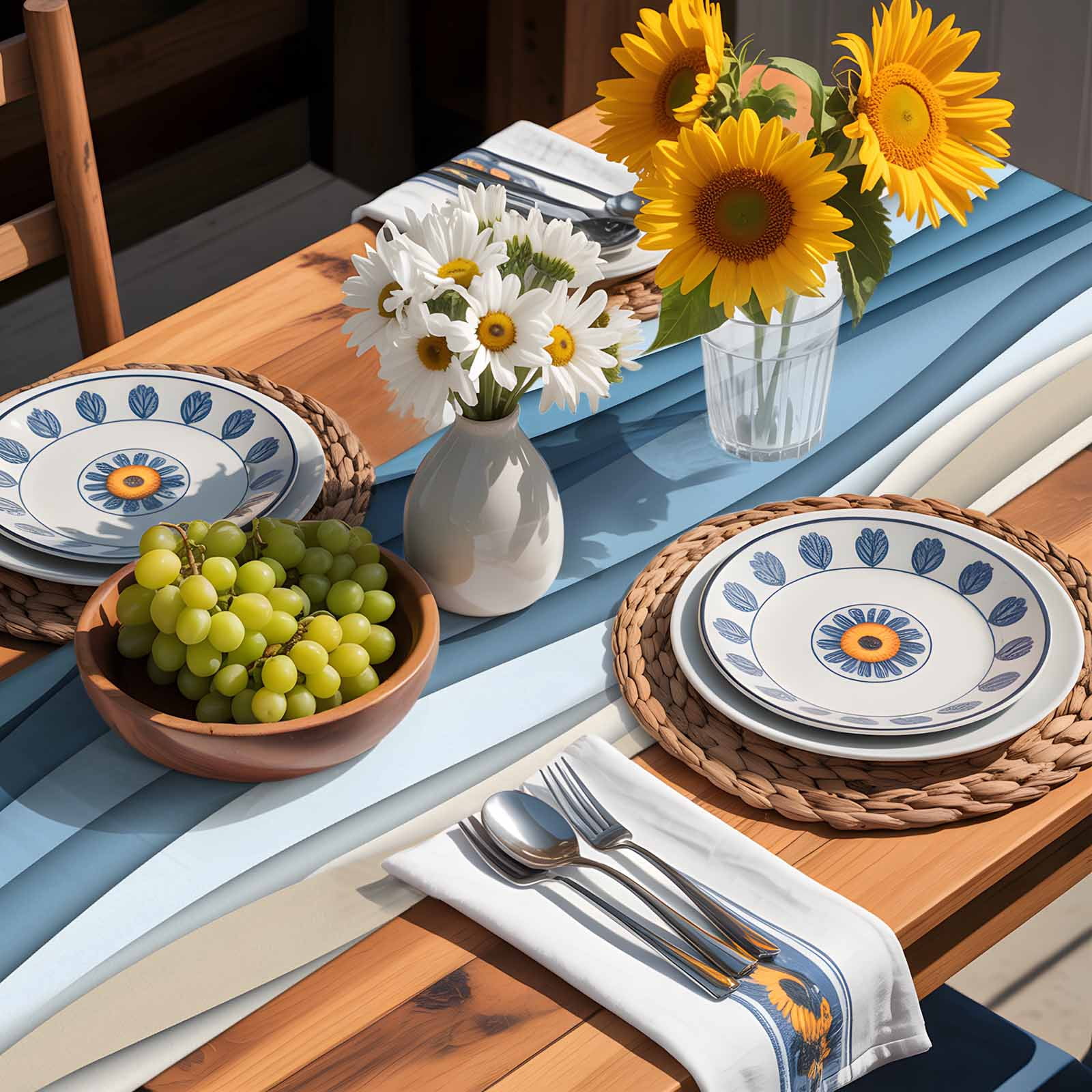 Ocean Blue Water Ripples Table Runner 90 Inches Long, Abstract Geometric Gradient Table Runners Tabletop Scarf Kitchen Dining Tables Decoration for Home Party Indoor Outdoor