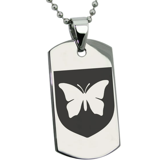 Stainless Steel Butterfly Free Spirit Coat of Arms Shield Engraved Dog Tag Pendant Necklace