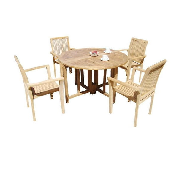 Grade-A Teak Dining Set: 4 Seater 5 Pc: 48" Round Butterfly Table And 4 Lua Stacking Arm Chairs Outdoor Patio WholesaleTeak #51LU0905