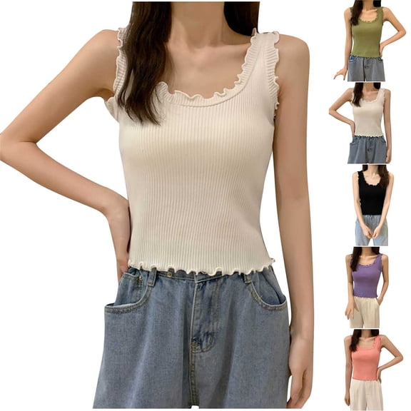 QIUOMBBP Womens Scoop Neck Tank Tops Slim Fit Square Neck Ribbed Sleeveless Shirts Summer Casual Loungewear White Free Size