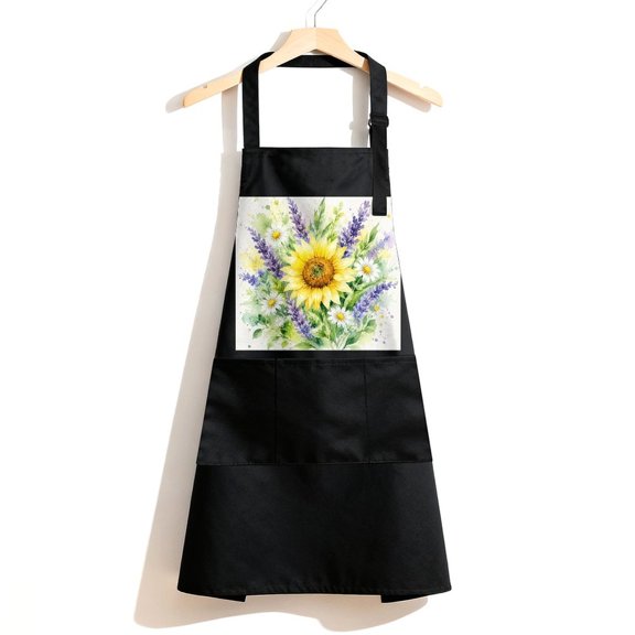 RKSupls Waterproof Bib Apron with 3 Pockets, Watercolor Sunflower Lavender Daisy.png Adjustable Neck Strap Soft Polyester Water Resistant Apron for Kitchen Restaurant Home Use
