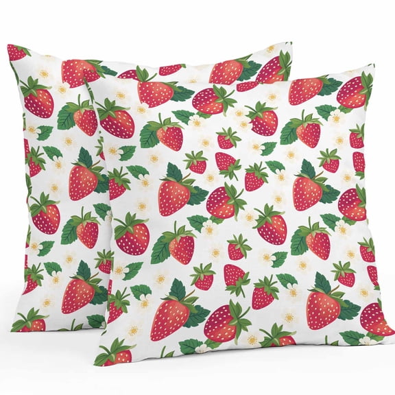 Red Strawberry Outdoor Pillow Covers Pack of 2 White Flowers Leaf Pastoral Fruit Waterproof Throw Pillow Covers Decorative Cushion Cases for Patio Garden Tent Balcony Couch 16x16 inch
