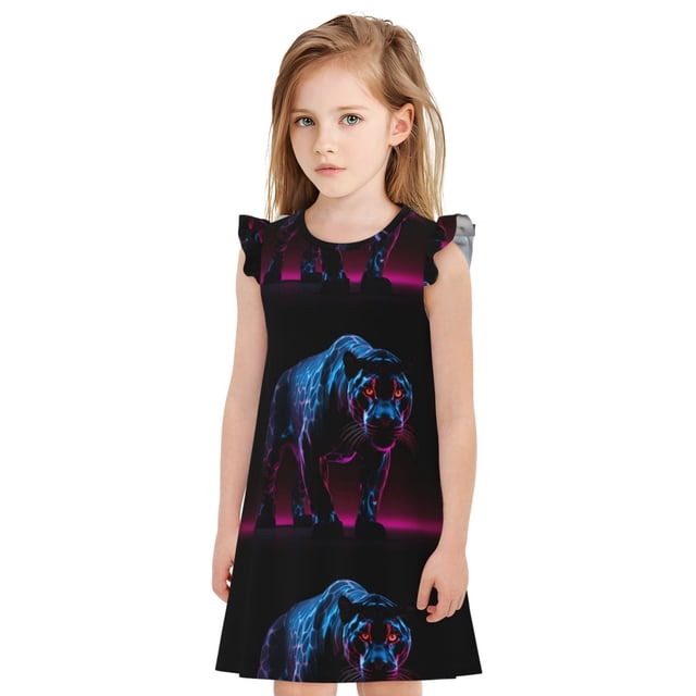 Vsdgher Robe de Nuit Futuriste Panthère Violette pour Filles, Manches Courtes à Volants, Robe de Nuit pour Tout-Petits, Pyjama pour Fête-Moyen