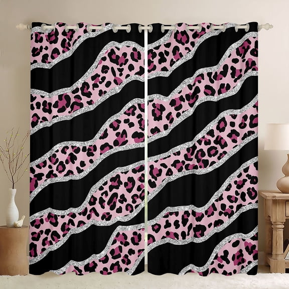Homewish Modern Leopard Print Black Out Curtains for Female, Fashion Lines Stripes Curtains Pack of 2 (42x63 Each), Black Pink Abstract Ombre Bedroom Curtains, Curtains and Drapes Decor