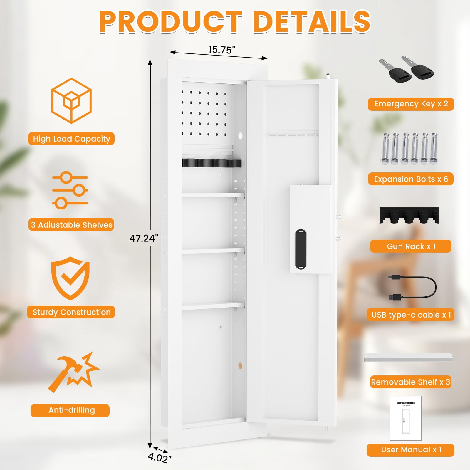 Kavey 47.24" Wall Safe, Digital Wall Gun Safe Between the Studs with Dual Alarm ＆ Mute Mode, Hidden Wall Safe with Adjustable Shelve, Magnetic Support & Key Hook