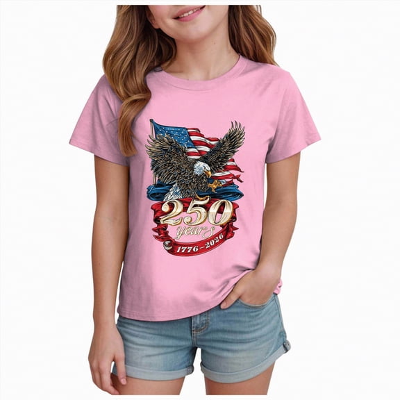kpoplk 4th of July Girls American Flag Patriotic Tshirts Crew Neck Short Sleeve Crop Tops(Pink,13-14 Y)