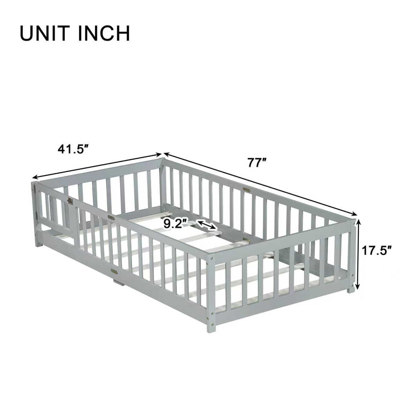Alvantor Twin Size Floor Bed for Toddler, Solid Wood Floor Bed with Door and Fence Guardrail, Montessori Floor Bed for Boys, Girls,Gray