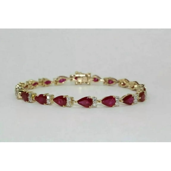 5Ct Pear Cut Ruby & Diamond 14K Yellow Gold Plated Tennis Bracelet for Womens 7.5''