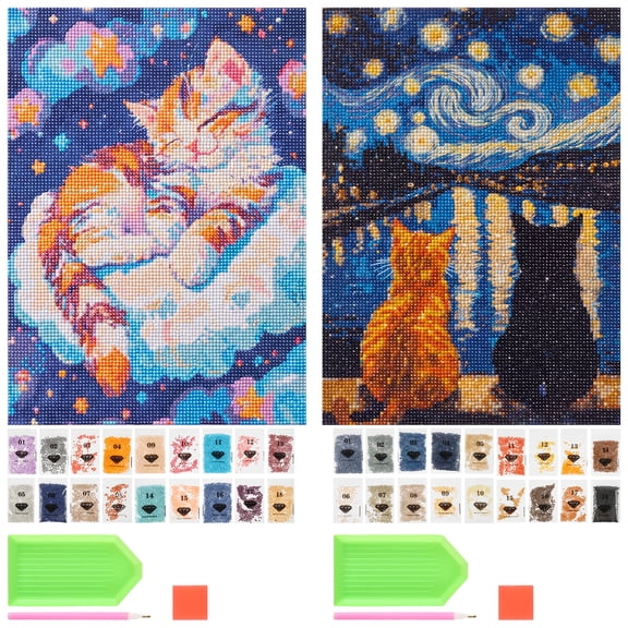 2pcs Cat Diamond Art Kits for Adults 5D Starry Night Diamond Painting Kit Full Round Drill Gem Art Crafts 15.7x11.8 in