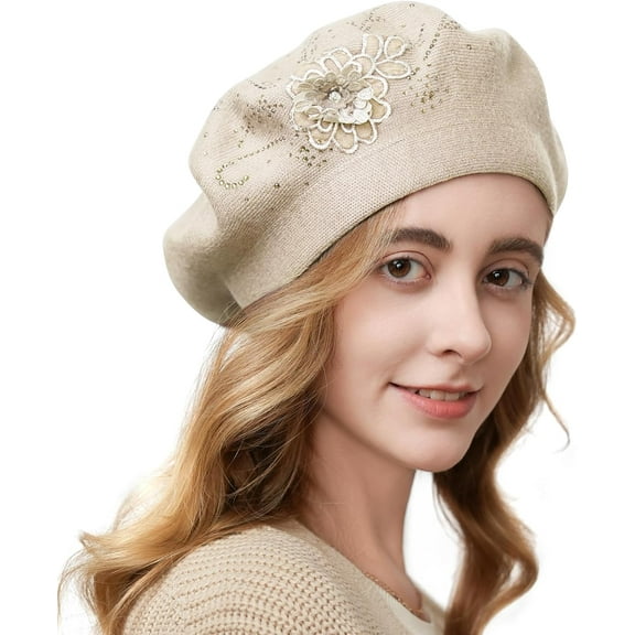 Flower Embroidery Beret Hat for Women, French Style Knitted Beret Hats, Stylish Solid Color Beret Cap for Women Lady