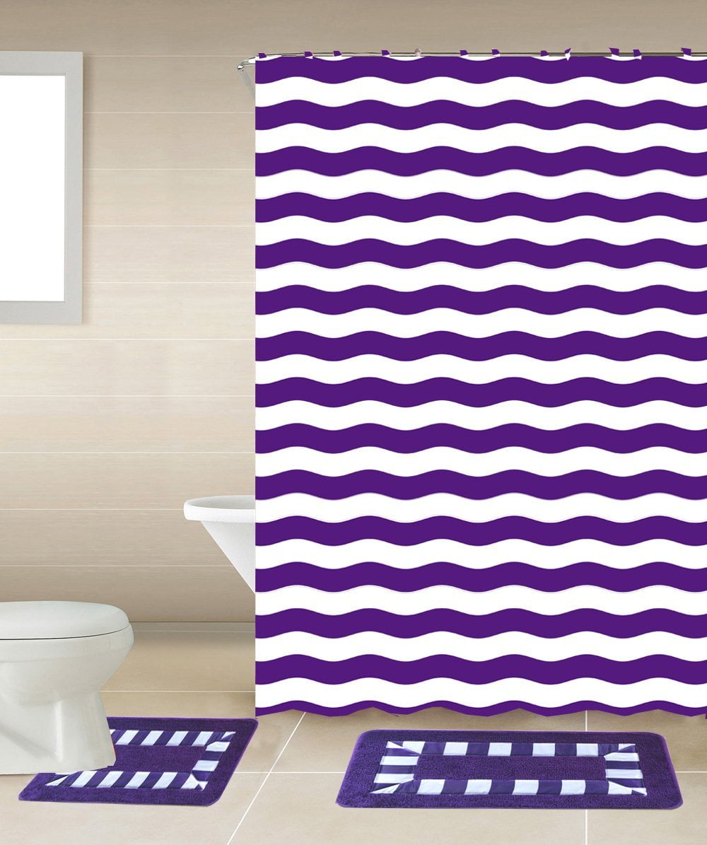 Striped Purple White 15-Piece Bathroom Accessory Set 2 Bath Mats Shower Curtain