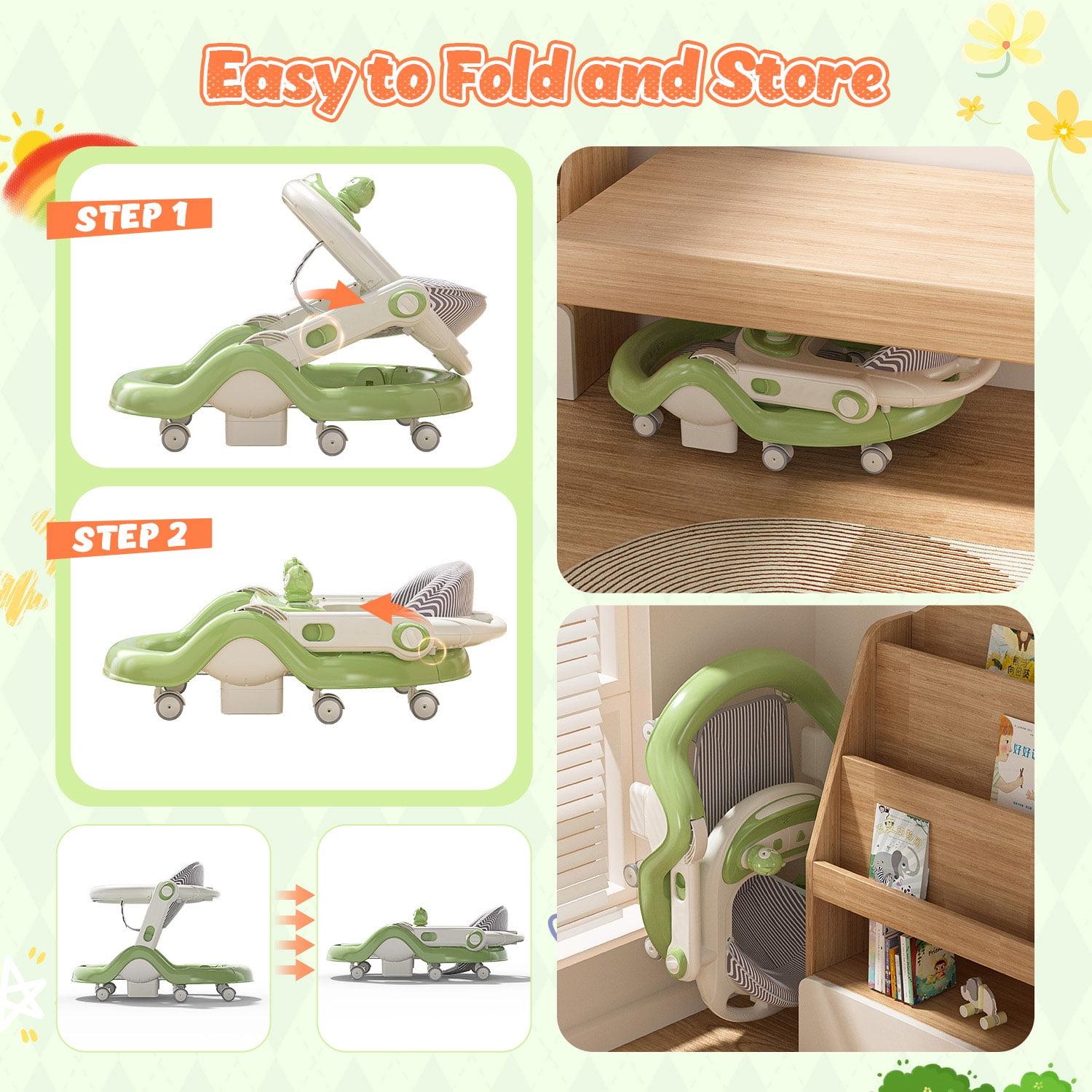 WonderStone 5 in 1 Baby Walker, Foldable Push Walker with Wheels, Music & Light, Baby Bouncer, Baby Activity Center for Boy Girl 6-12 Months (Green)