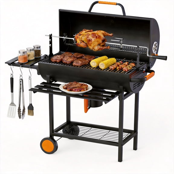 KEYO GRILL Large  Charcoal Grill with Foldable Table, Rotisserie & Dual-Zone Charcoal Pans, Black