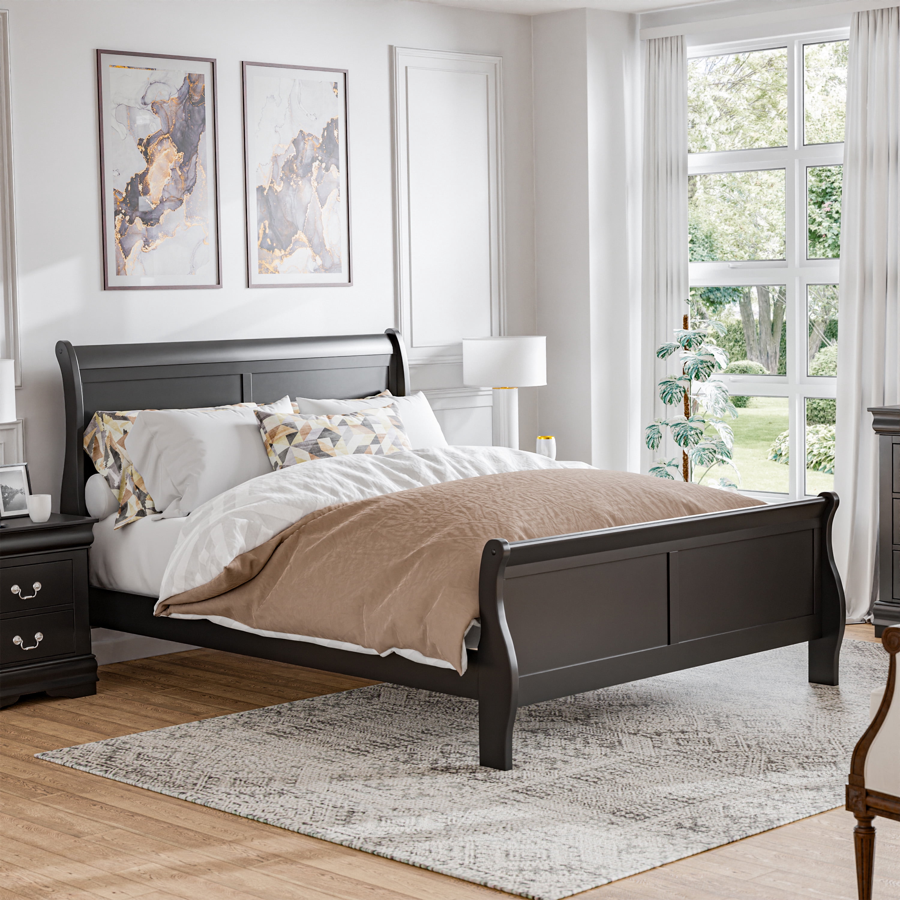 Furniture of America Vrai Adult Queen Sleigh Headboard Wood Bed, Black