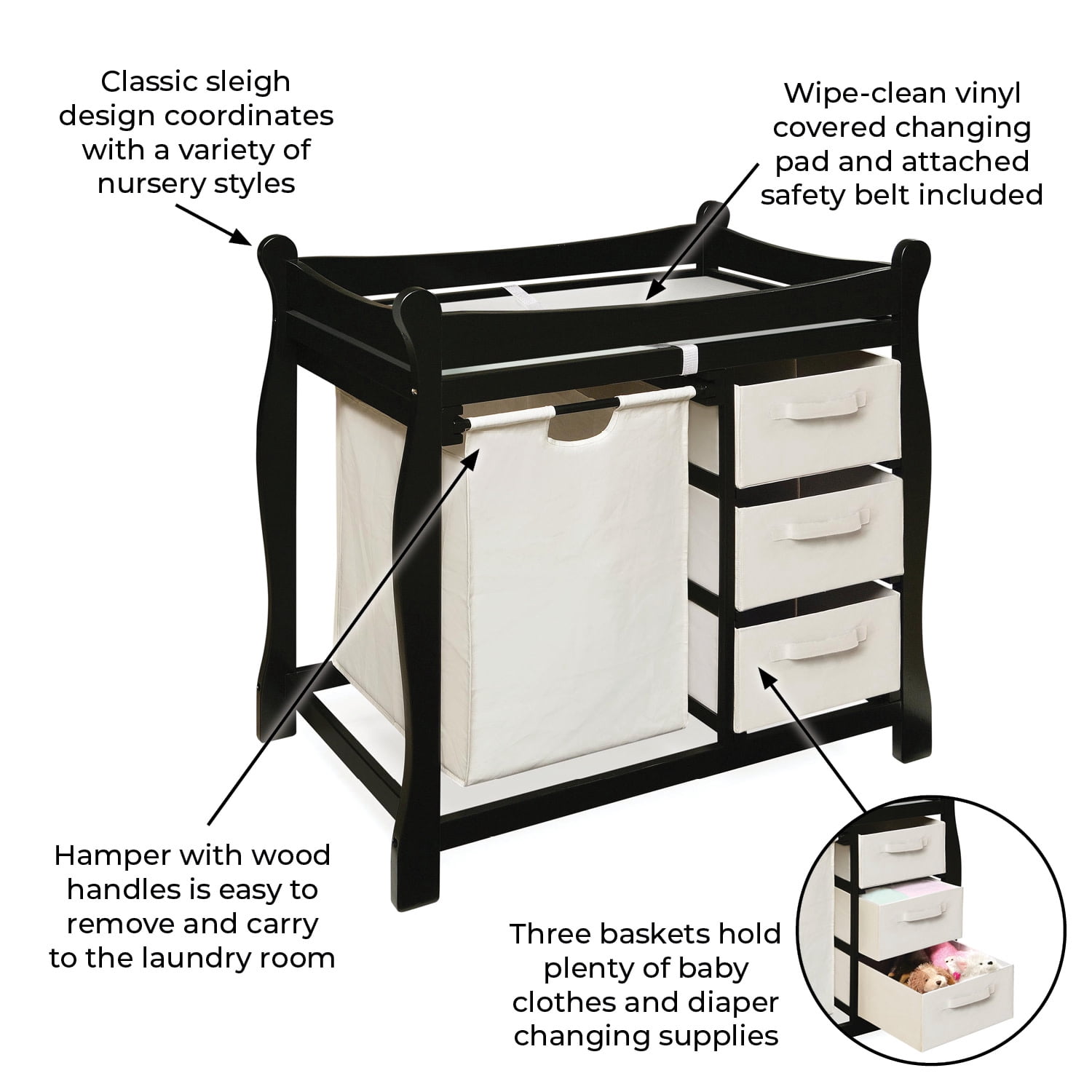 Badger Basket Sleigh Style Baby Changing Table with Hamper and 3 Baskets - Black