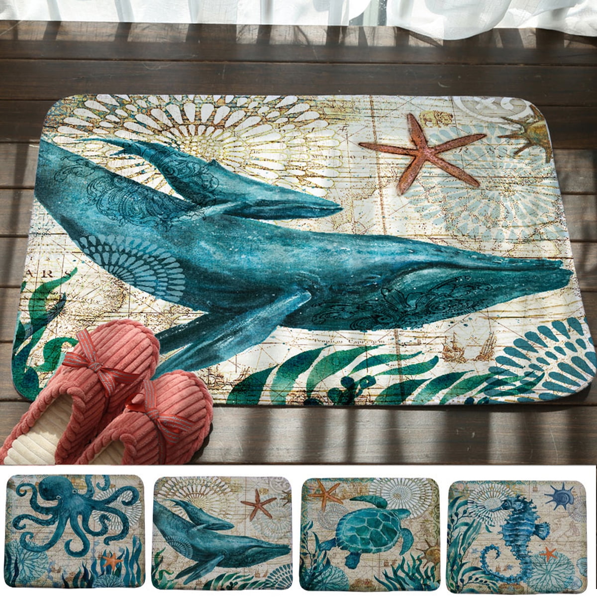Travelwant Sea Turtle Doormat Nautical Ocean Theme Starfish Retro Map