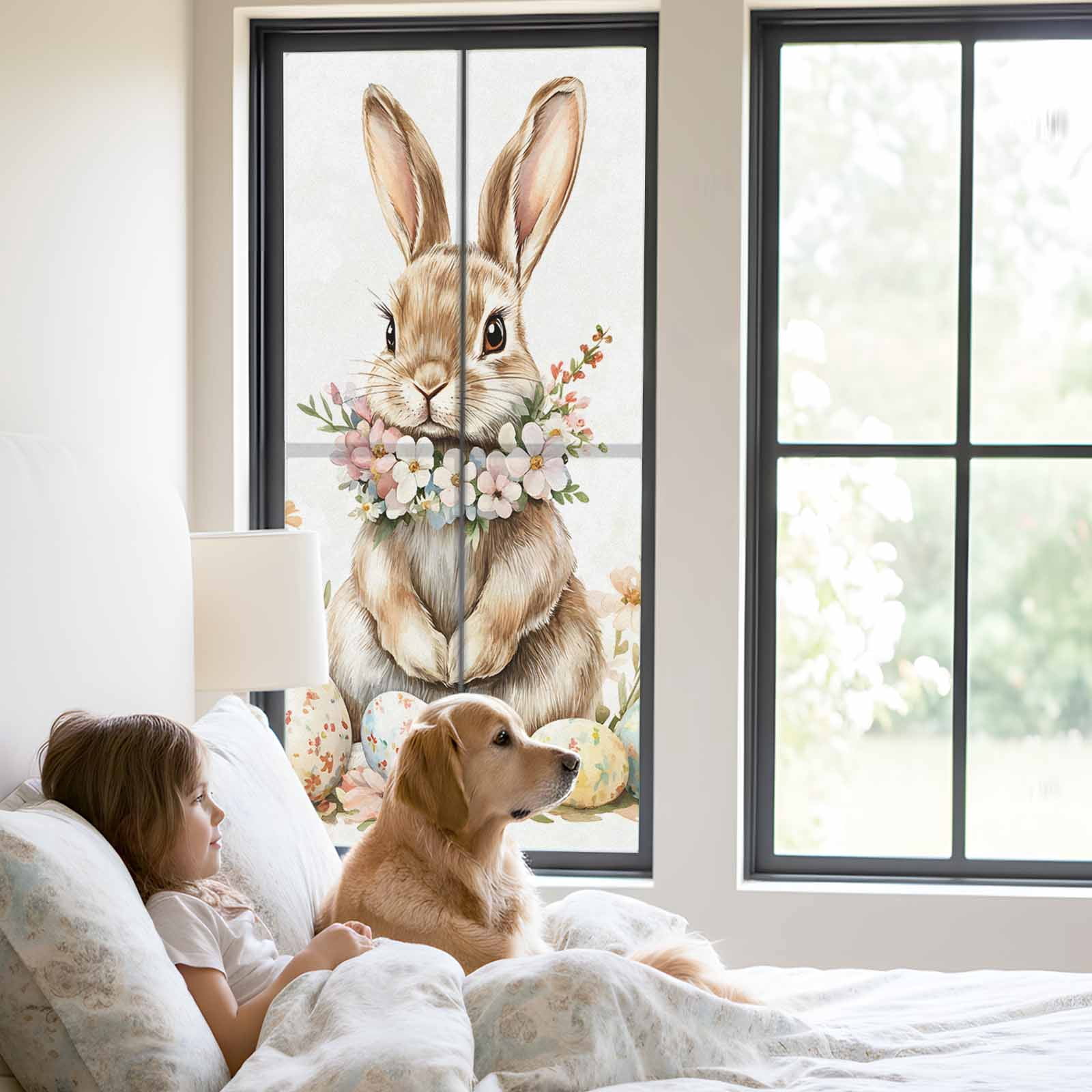 Easter Bunny Window Privacy Film, Eggs Wreath Frosted Glass Window Clings Static Cling UV Heat Blocking Reusable Door Sticker for Bathroom 23.6 x 59 Inch