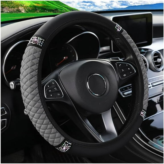 Bling Car Steering Wheel Cover, 15 Inch Rhinestones Soft Leather Elastic Steering Wheel Protector, Sparkly Crystal Diamond for Women Girls (Gray)