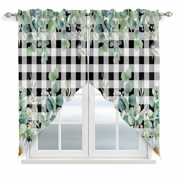 Green Eucalyptus Leaves Swag Curtains for Kitchen/Bedroom/Living Room, Summer Botanical Daisy Black Plaid Scalloped Curtains 63 Inch Long, Window Swag Topper Curtains Valances 2 Panels Set 36"x63"